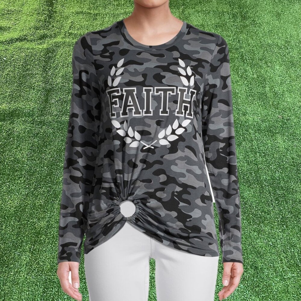 No Boundaries Long Sleeve Crew Neck  Ring Graphic Camo Gray T-Shirt Top Size S